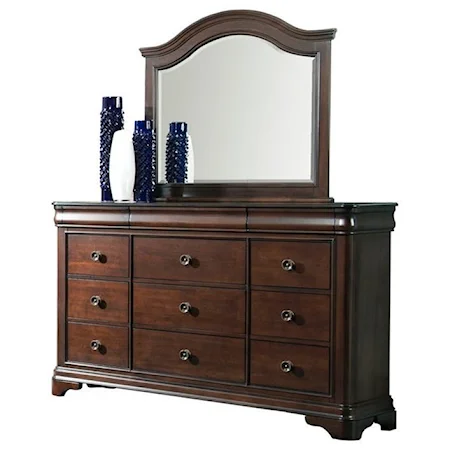 Transitional Rich Brown 9-Drawer Dresser & Arched Landscape Mirror Set